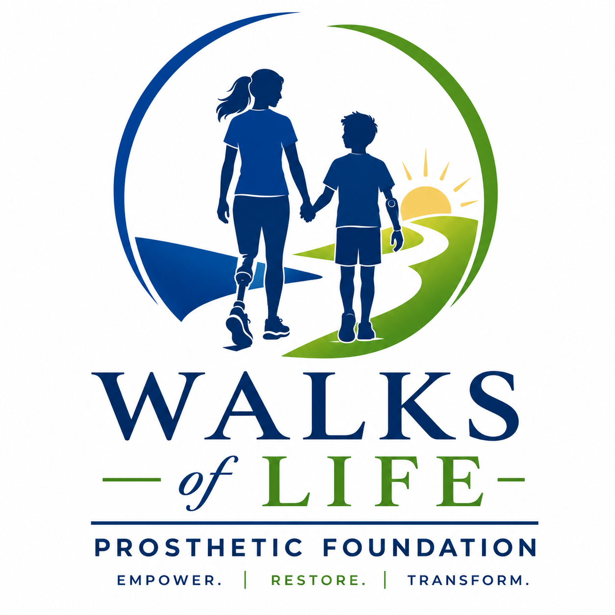 Walks of Life Prosthetic Foundation: an adult and child with prosthetic limbs walking toward a sunrise